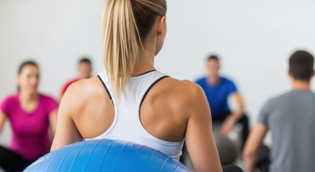 Group Fitness Class Focusing on Core Strength and Balance with Exercise Balls
